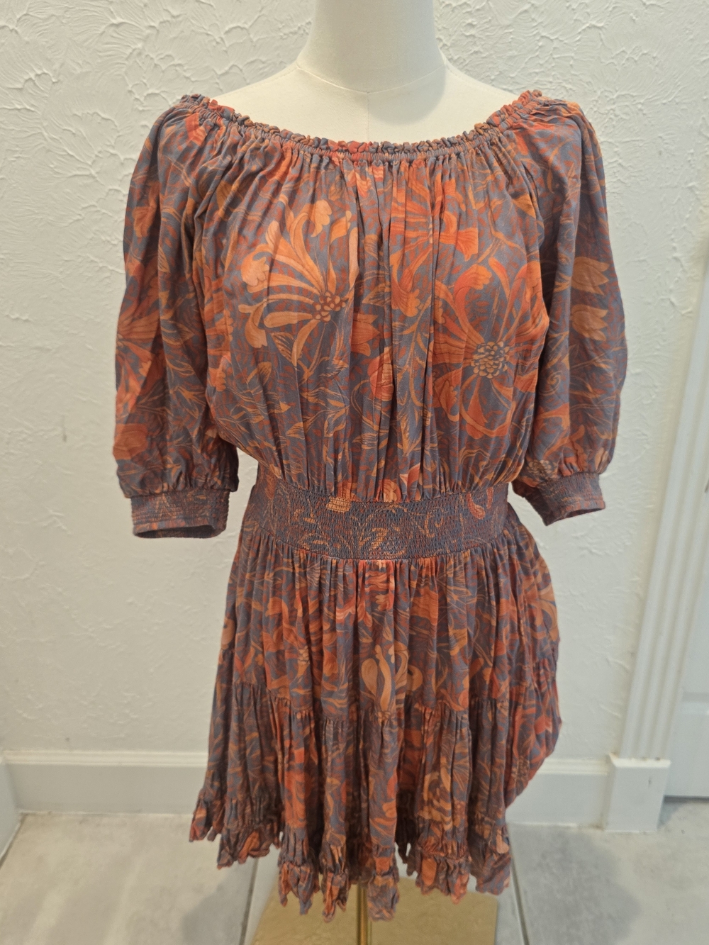 Jen’s Pirate Booty Boho Floral Mini Dress M/L Stretchy Fall Resort